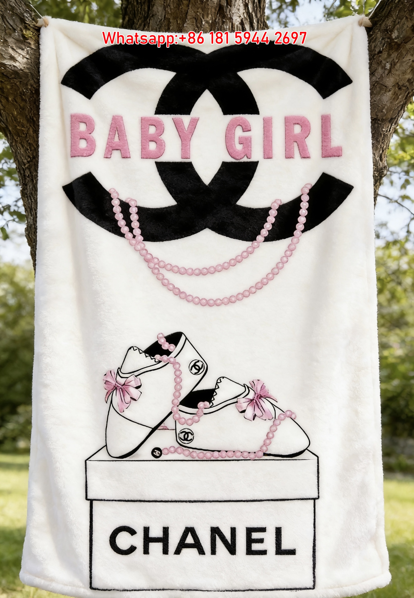 Chanel Baby Girl CC Logo Flannel Throw Blanket with Pink Pearls & Baby Shoes IMG_7035